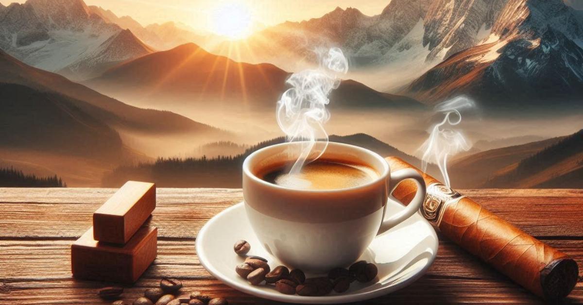 espresso with coffee beans a cigar and mountains