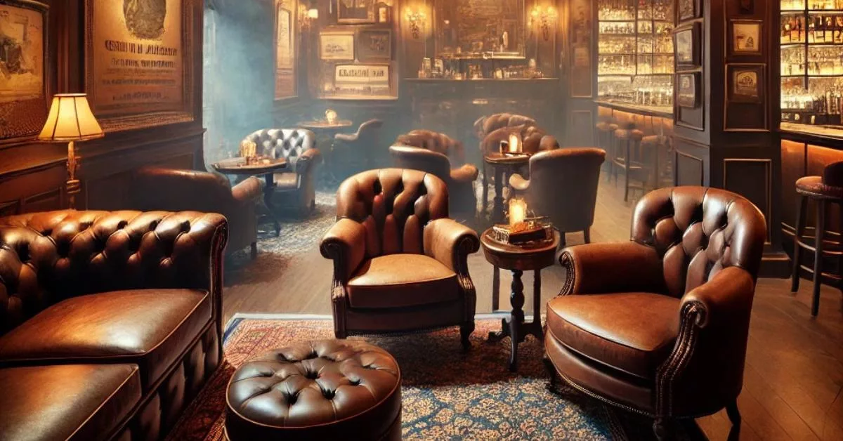 Cigar lounge with brown leather chairs