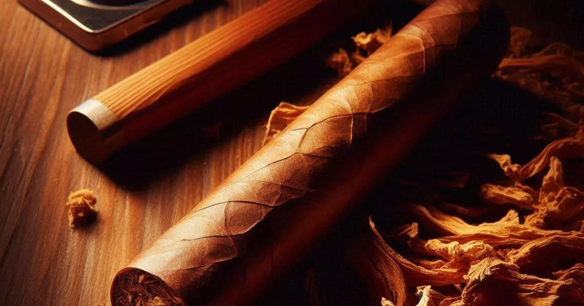 cigar on a table with tobacco leaves