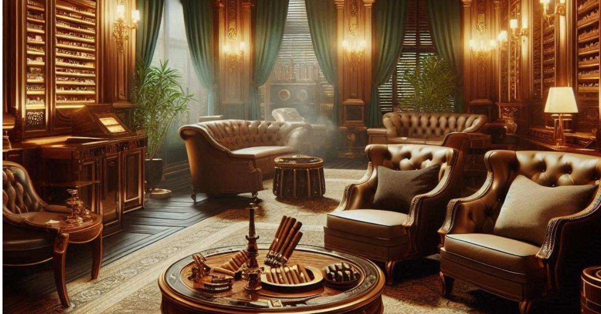 cigar lounge with humidor cabinets, leather chairs, in a smoky atmosphere.